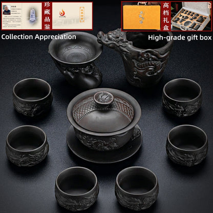 Purple Clay Tea Set High Grade Embossed Kung Fu Tea Set Gifts