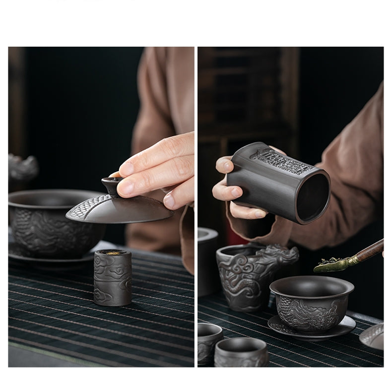 Juego de té de arcilla púrpura, juego de té de Kung Fu en relieve de alta calidad, regalos