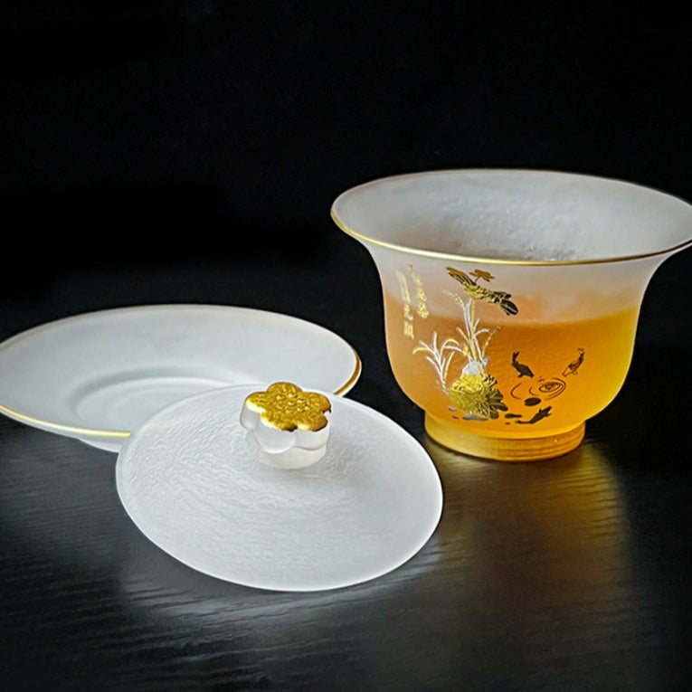Plum Orchids, Bamboo and Chrysanthemums Thickened Glass Lidded Bowl