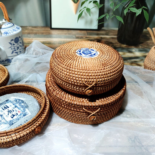 Caja de pastel de té de ratán hecha a mano, organizador de pastel de té Puerh de estilo rústico