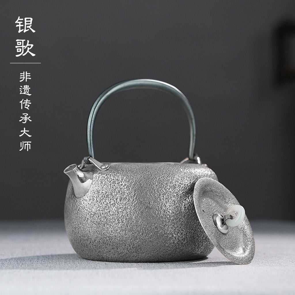 柳间栖雀Hammer marks- Lifting-handle silver pot