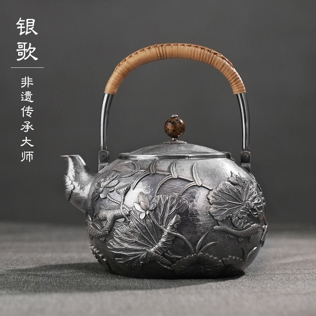 清荷锦鲤 lotus leaf & Koi Lifting-handle silver pot
