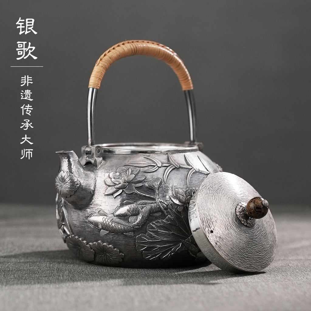 清荷锦鲤 lotus leaf & Koi Lifting-handle silver pot