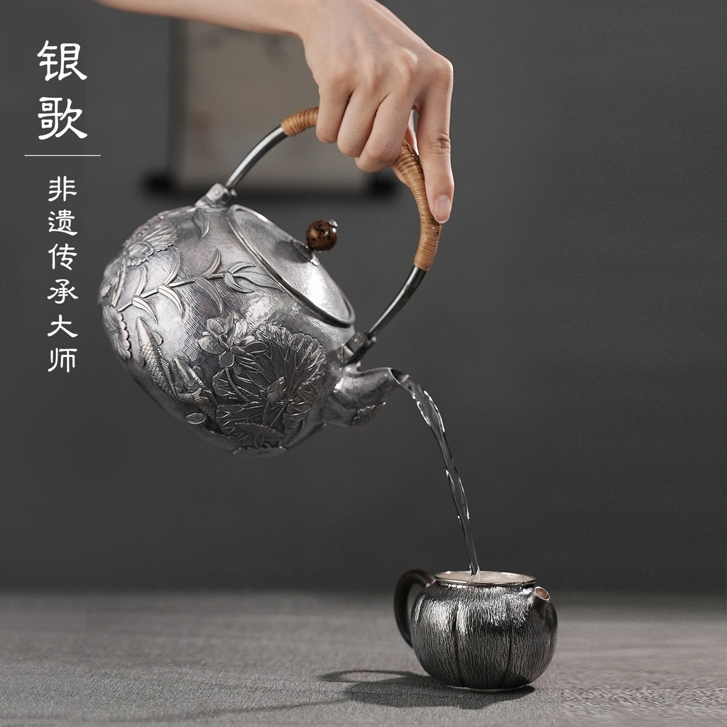 清荷锦鲤 lotus leaf & Koi Lifting-handle silver pot