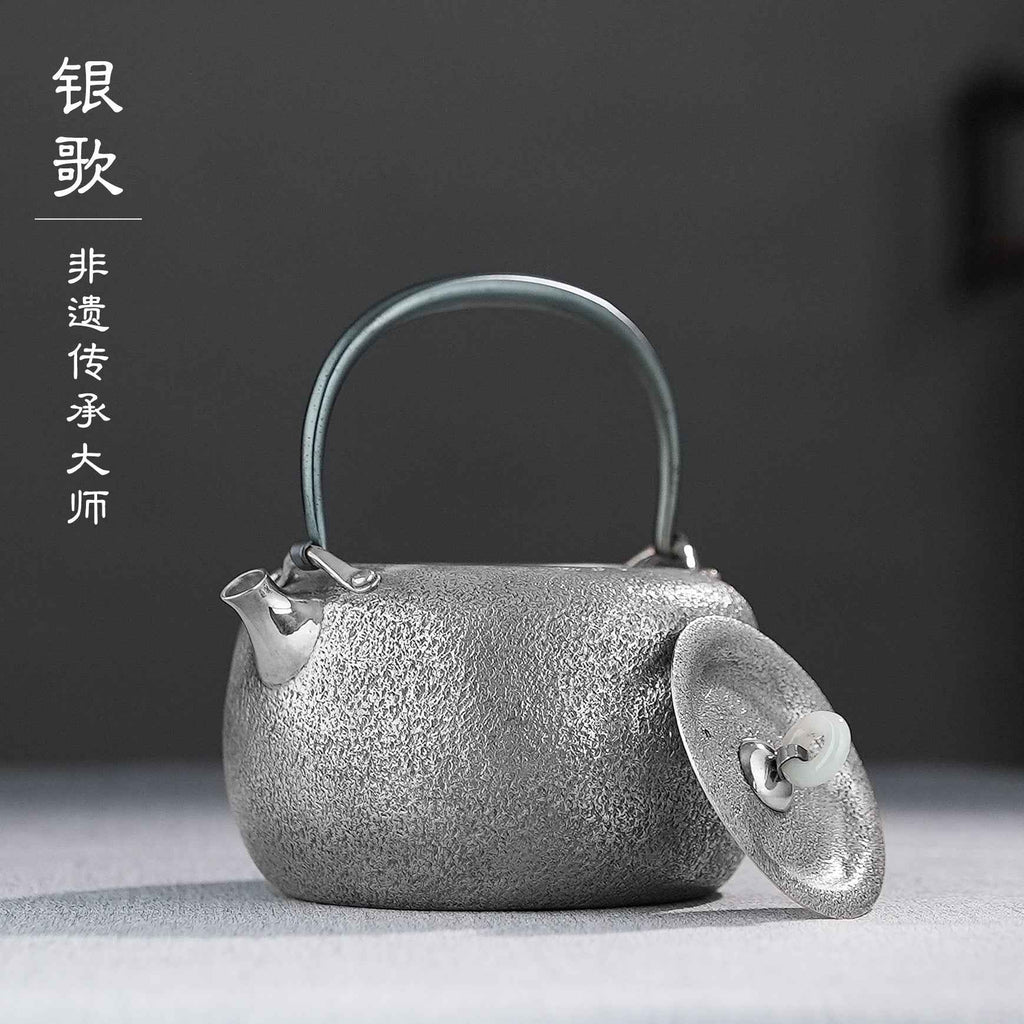 柳间栖雀Hammer marks- Lifting-handle silver pot