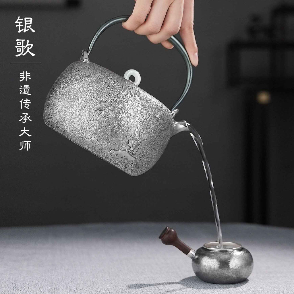 柳间栖雀Hammer marks- Lifting-handle silver pot